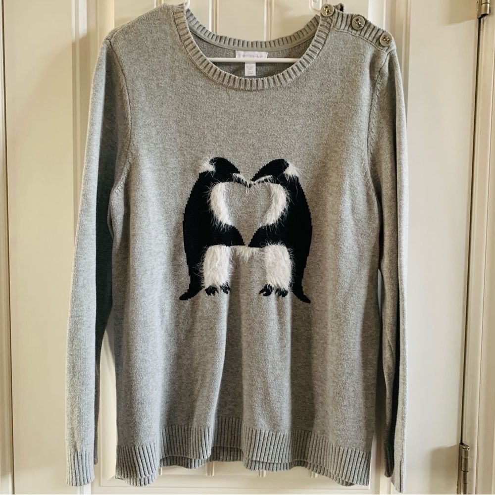 Charter Club Gray Fuzzy Black & White Penguins Button Shoulder Sweater | Large